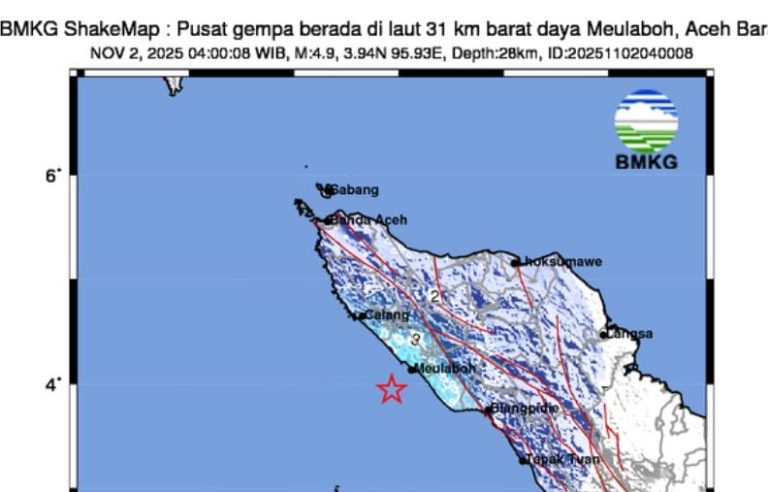 Gempa Magnitudo 4,9 Guncang Meulaboh Aceh, Dirasakan Hingga Sigli